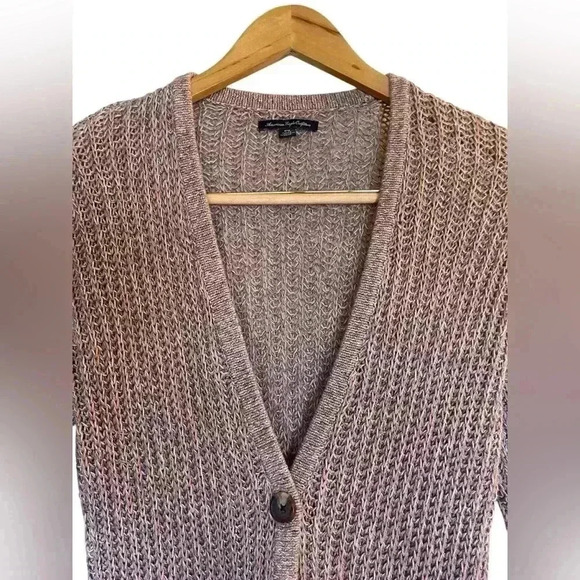 American Eagle Pink Gray Marled Chunky Knit Button Front Cardigan Medium Pockets - Picture 2 of 9